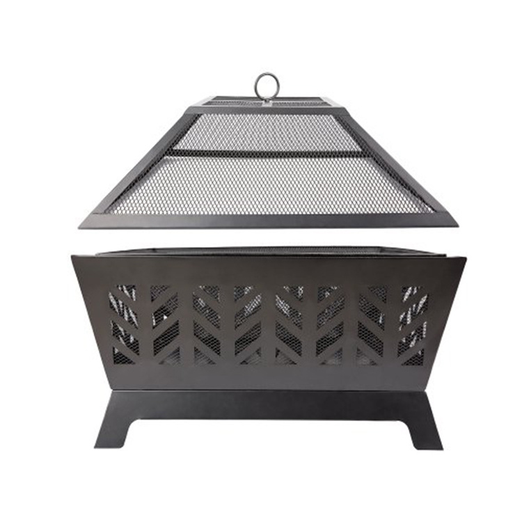 JH-Mech Outdoor Patio Black Geometric Fire Pit With Barbecue Rack Steel Outdoor Firepit