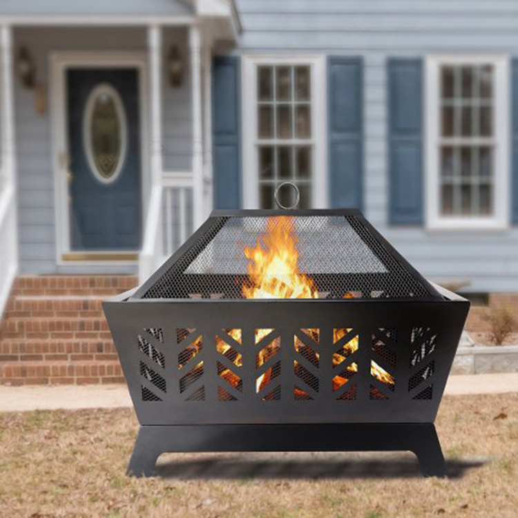 JH-Mech Outdoor Patio Black Geometric Fire Pit With Barbecue Rack Steel Outdoor Firepit