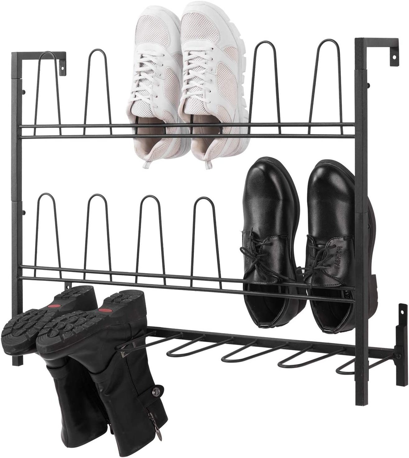 JH-Mech Holds 9 Pairs Wall Mounted Space Saving Boot And Shoe Rack Organizer Black Metal Hanging Wall Shoe Rack