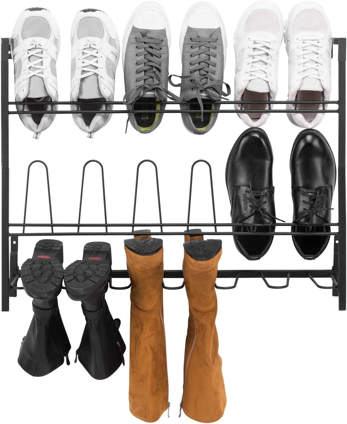 JH-Mech Holds 9 Pairs Wall Mounted Space Saving Boot And Shoe Rack Organizer Black Metal Hanging Wall Shoe Rack