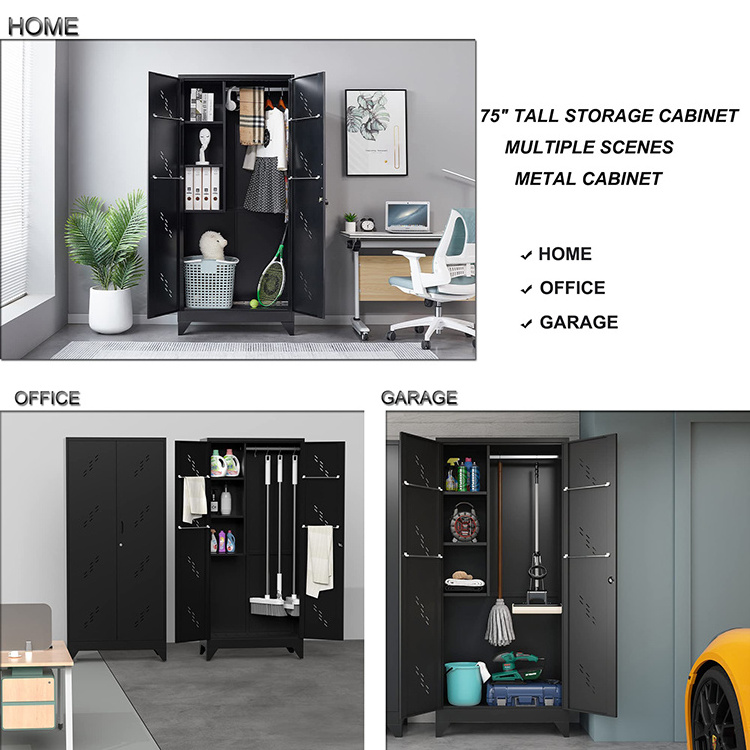 JH-Mech Unique Design Black Tall Cabinets For Garage With Doors And Shelves Multi-Purpose Tool Metal Garage Cabinets Storage