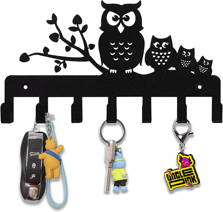 JH-Mech Hallway Front Door Entryway Key Hooks Hanger for Wall Decorative Owl Black Metal 7 Hooks Key Holder Rack Organizer