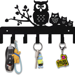 JH-Mech Hallway Front Door Entryway Key Hooks Hanger for Wall Decorative Owl Black Metal 7 Hooks Key Holder Rack Organizer