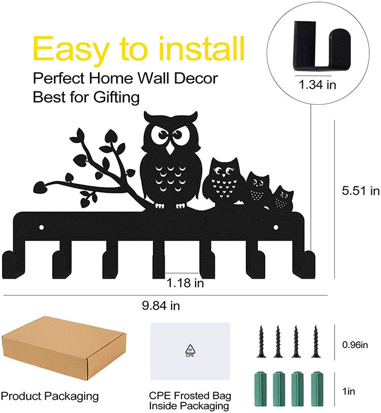 JH-Mech Hallway Front Door Entryway Key Hooks Hanger for Wall Decorative Owl Black Metal 7 Hooks Key Holder Rack Organizer