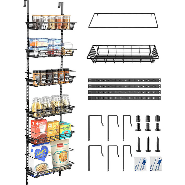 JH-Mech Hanging Behind Door Organizer Shelf-Spice 6 Adjustable Baskets Metal Over The Door Hook Mesh Organizer