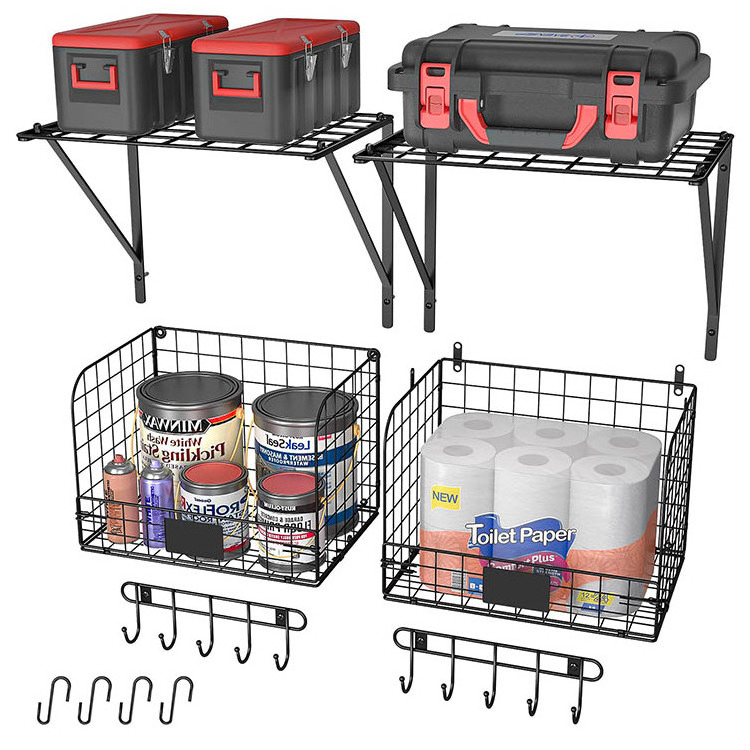 JH-Mech 2 Pack Garage Shelves Wall Mounted With Wire Baskets Home Garden Garage Organization Heavy Duty Wire Mesh Basket Shelf