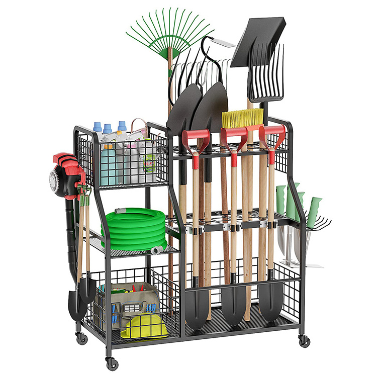 JH-Mech 3 Tier Garden Tool Rack With Extra Storage Basket Large Utility Storage Holder Garden Yard Tool Organizer