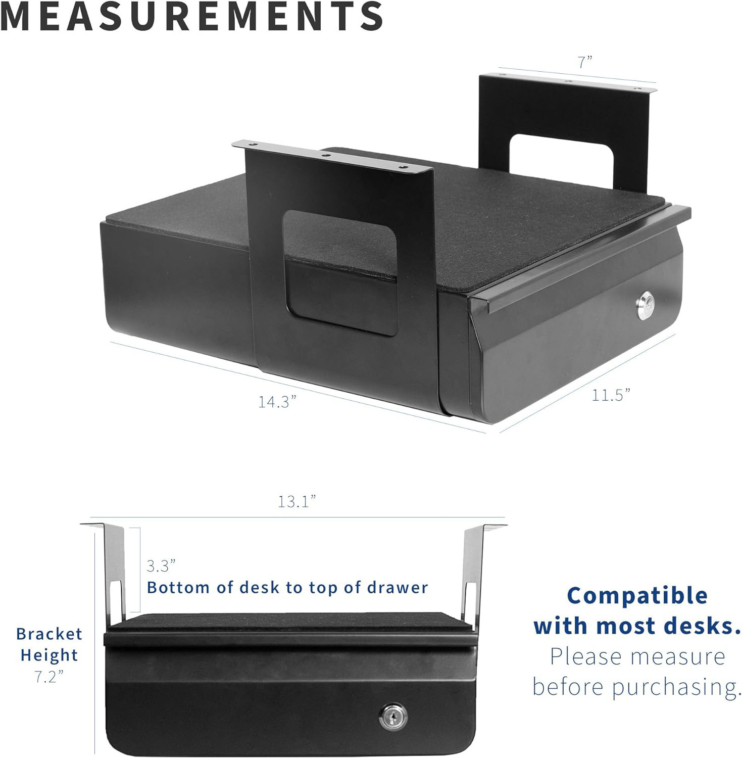 JH-Mech Under Desk Mounted Pull-Out Drawer Sturdy 11 lbs Support Secure Locking Metal Under Desk Drawer Hidden Storage