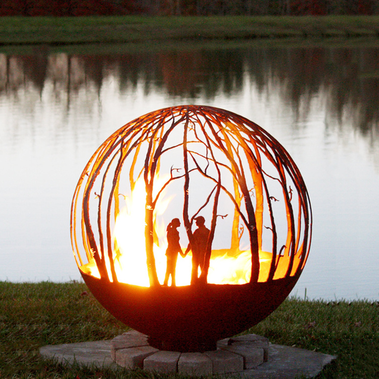 JH-Mech Rusted Fire Sphere Furniture Steel Fire Globe Metal Sphere Outdoor Fire Pit