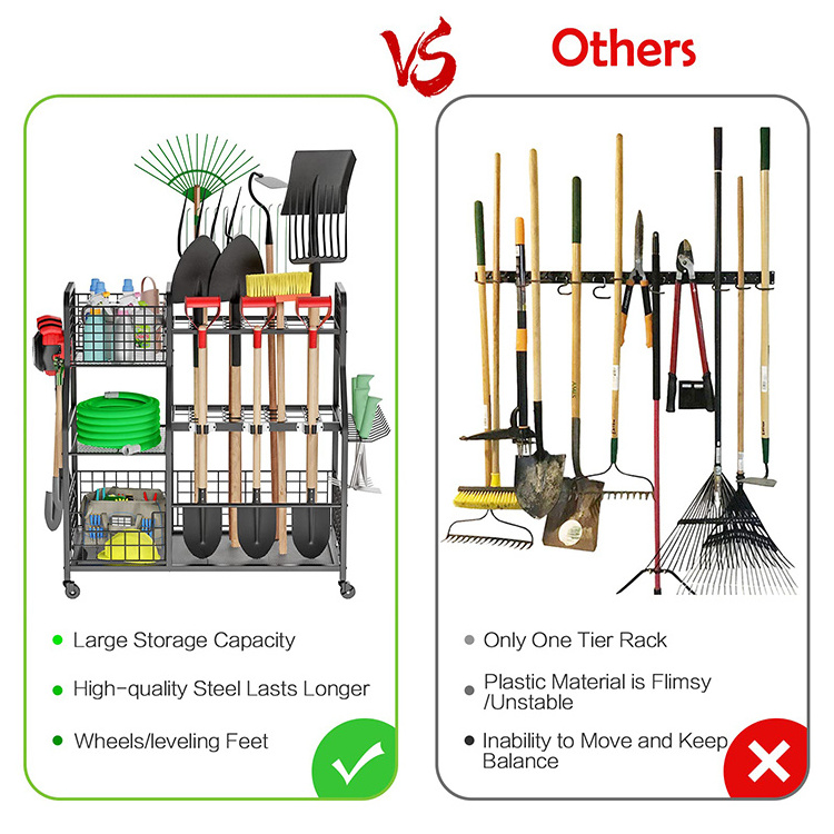 JH-Mech 3 Tier Garden Tool Rack With Extra Storage Basket Large Utility Storage Holder Garden Yard Tool Organizer