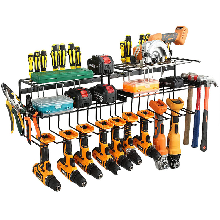 JH-Mech 4 Layers Garage Tool Organizers And Tool Storage Rack 8 Drill Holder Wall Mount Metal Power Tool Organizer Storage