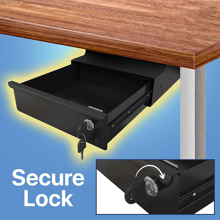 JH-Mech Office Large Under Desk Sliding Pull-Out Drawer With Lock and Keys Mount Below Table Metal Under Desk Storage Drawer