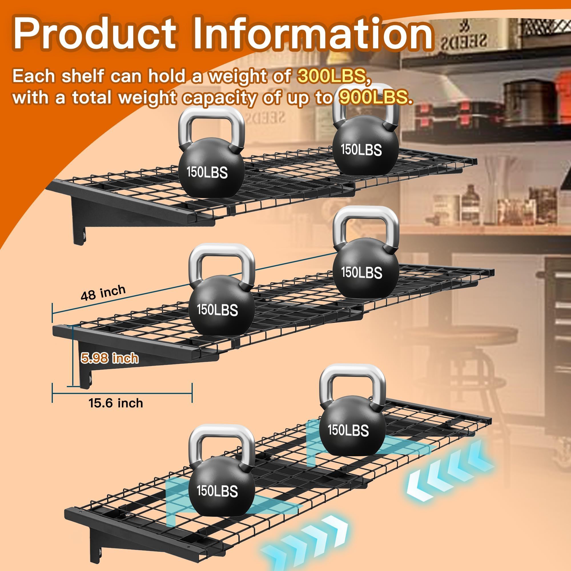 JH-Mech Wire Grid Garage Shelving Every Day Clutter Corner Shelf 5 Tier Wall Mounted Shelves Garage