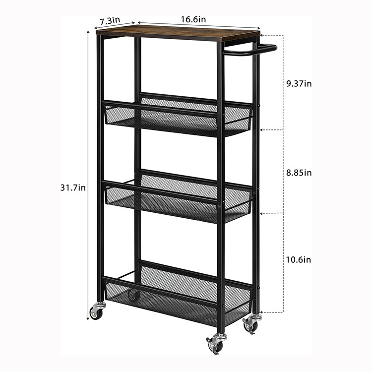 JH-Mech Narrow Rolling Cart with Wooden Top and Metal Handle Wire Mesh 3 Tier Slim Storage Cart for Narrow Space on Kitchen