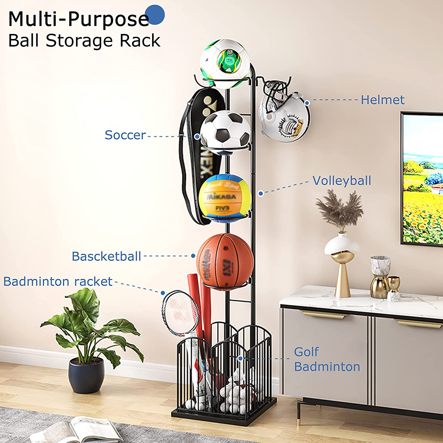 JH-Mech Indoor Removable Vertical Display Stand for Volleyball Football Basketball 4-Tier Garage Sports Ball Organizer