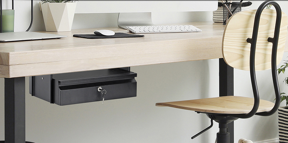 JH-Mech Office Large Under Desk Sliding Pull-Out Drawer With Lock and Keys Mount Below Table Metal Under Desk Storage Drawer