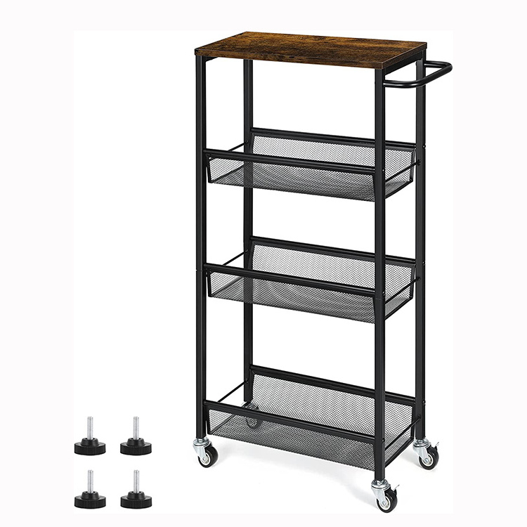 JH-Mech Narrow Rolling Cart with Wooden Top and Metal Handle Wire Mesh 3 Tier Slim Storage Cart for Narrow Space on Kitchen