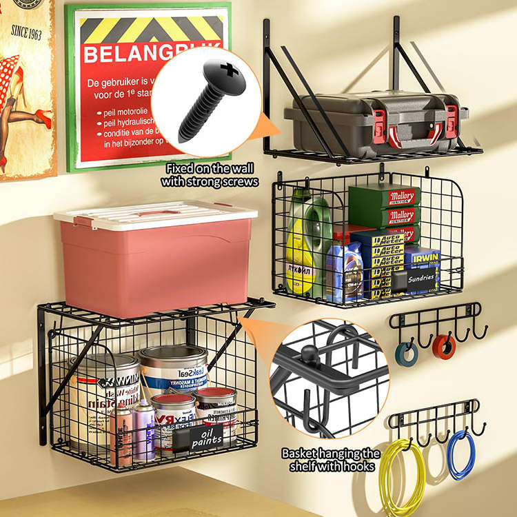 JH-Mech 2 Pack Garage Shelves Wall Mounted With Wire Baskets Home Garden Garage Organization Heavy Duty Wire Mesh Basket Shelf