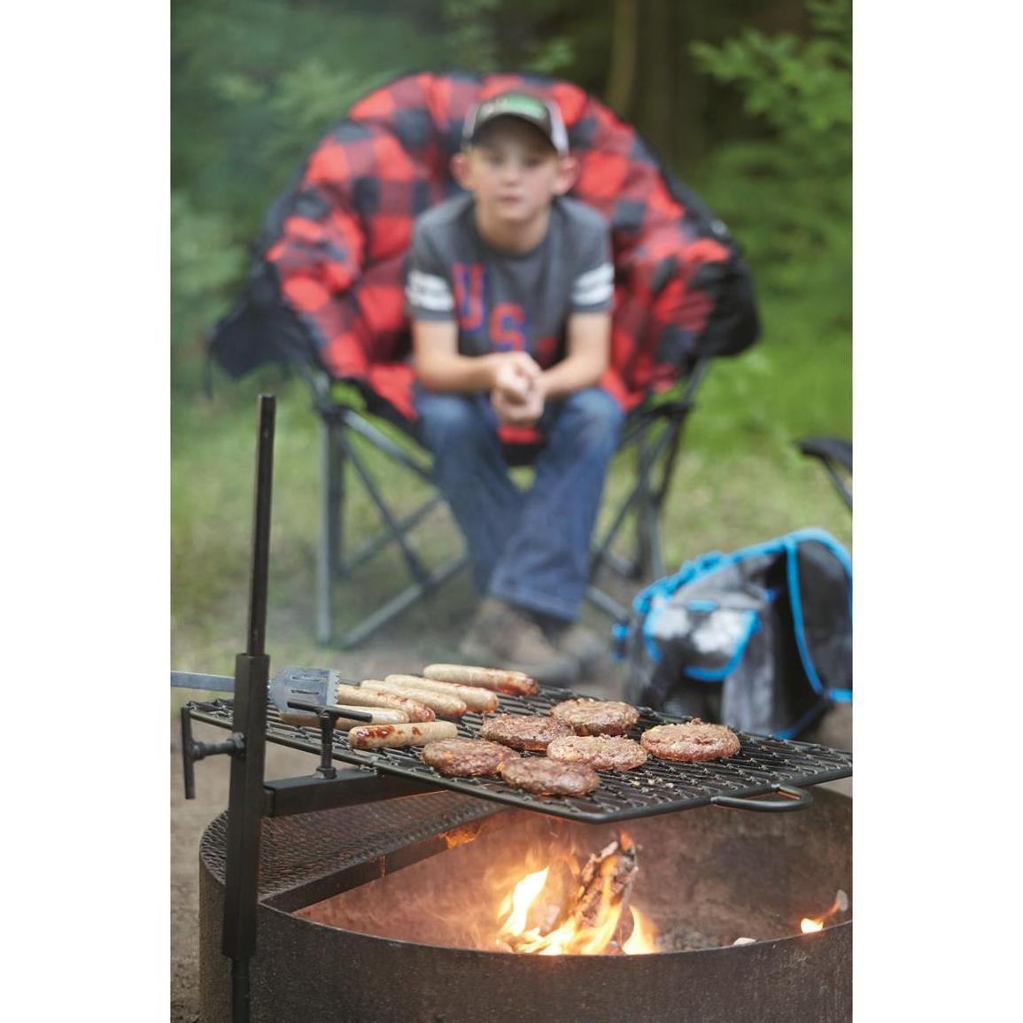 JH-Mech Open Fire Cooking Camping Grill with Water Bottle Support Frame Portable Adjustable Swivel Grill Campfire