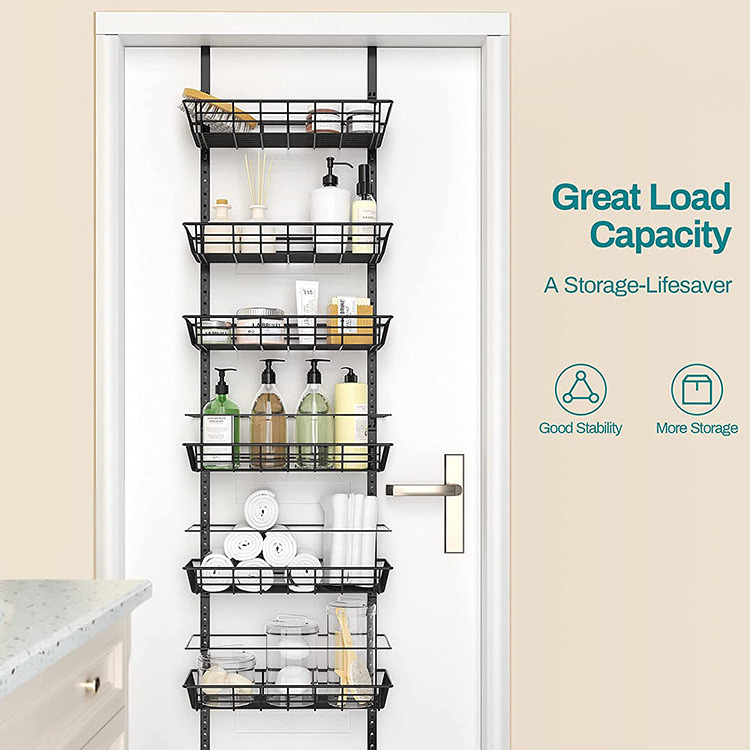 JH-Mech Hanging Behind Door Organizer Shelf-Spice 6 Adjustable Baskets Metal Over The Door Hook Mesh Organizer