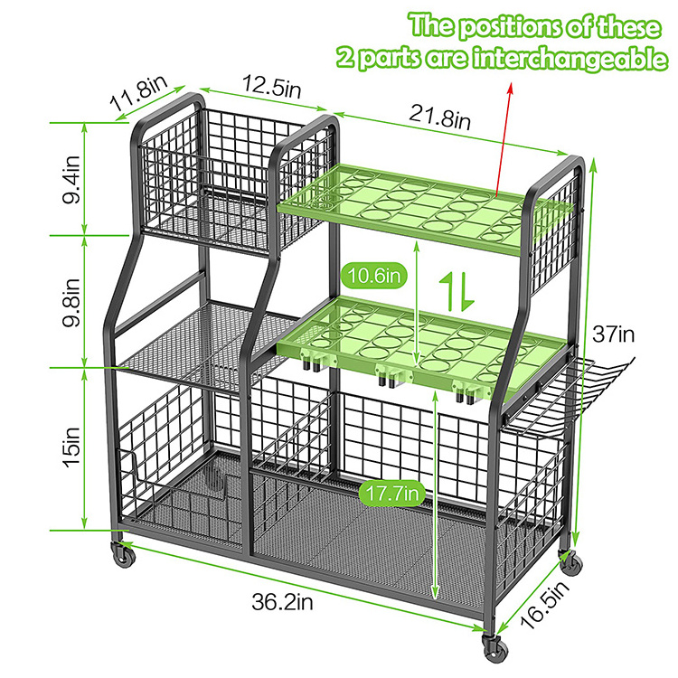 JH-Mech 3 Tier Garden Tool Rack With Extra Storage Basket Large Utility Storage Holder Garden Yard Tool Organizer