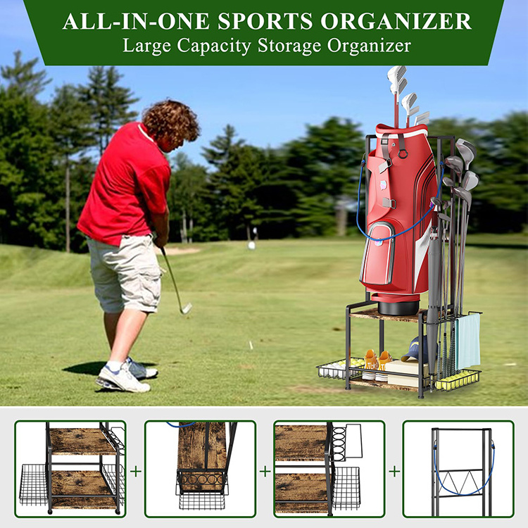 JH-Mech Quality 2 Tier Golf Bag Storage Display Rack With Shelf Indoor Durable Sturdy Heavy Duty Golf Bag Garage Storage Rack