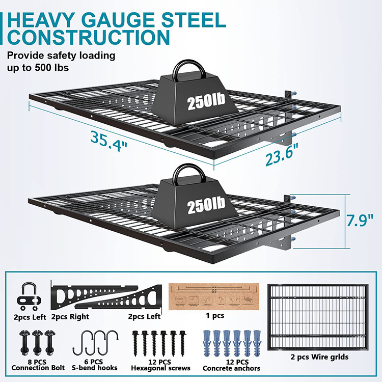 JH-Mech Garage Storage Shelving Wall Mounted 2 Pack 2x3ft, Loads 500 lbs Heavy Duty Sturdy Wall Shelf Garage Storage Rack