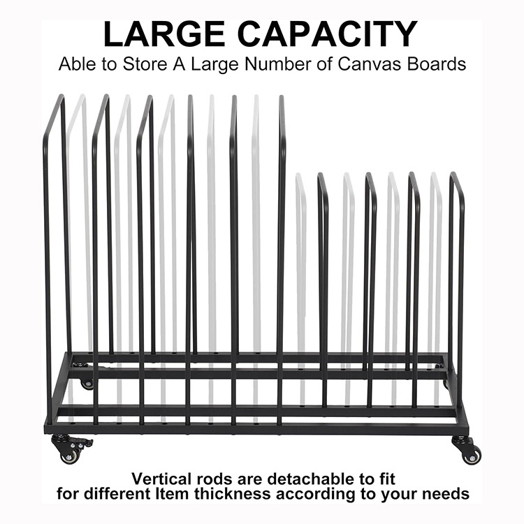 JH-Mech Art Canvas Storage Rack with Wheels Adjustable Large Size Capacity Black Powder Coating Metal Painting Drying Racks