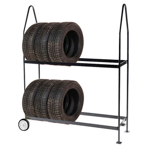 JH-Mech Movable 2 Layer Rolling Tire Storage Rack With 2 Wheels For Garage Display Shelf Heavy Duty Metal Truck Tire Rack