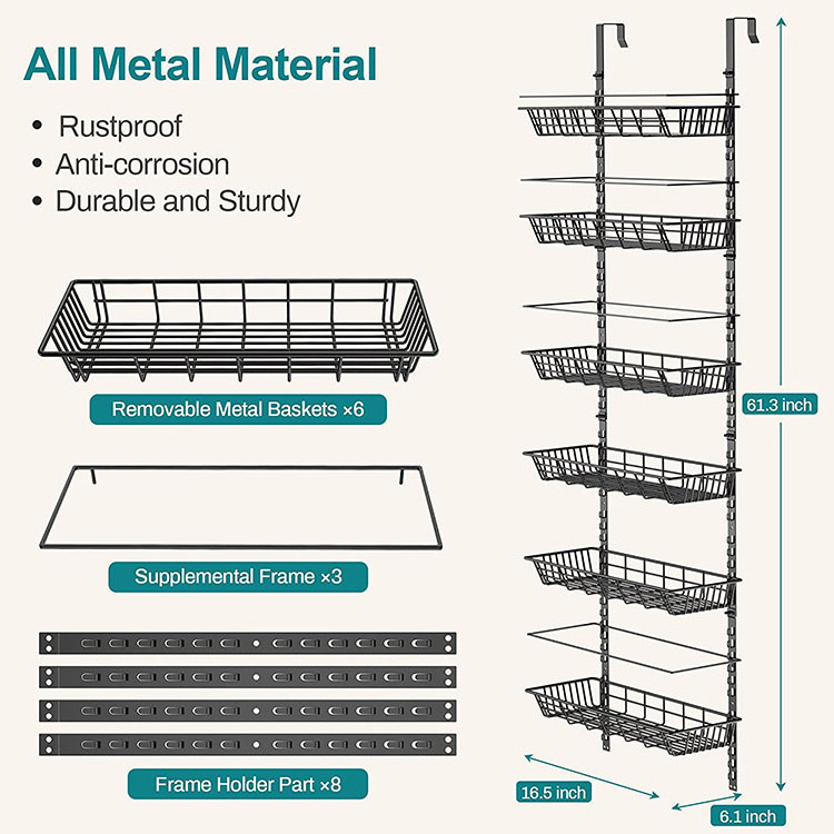 JH-Mech Hanging Behind Door Organizer Shelf-Spice 6 Adjustable Baskets Metal Over The Door Hook Mesh Organizer