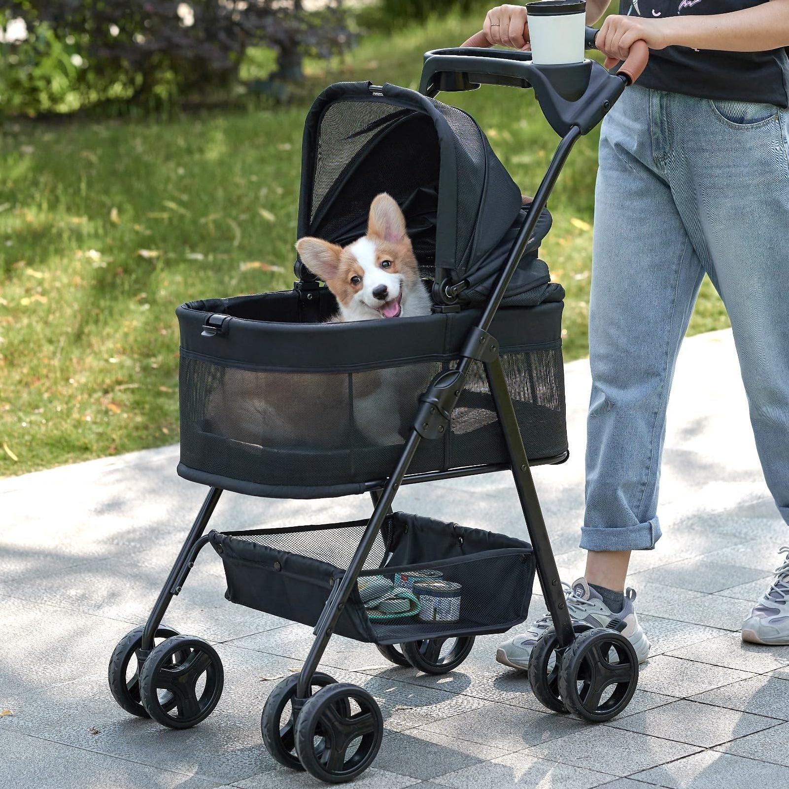 Factory Custom cheap Pet Folding Stroller, 4 Wheels Dog/Cat Puppy Stroller ,Waterproof Pad Car Seat 3 in 1 Folding Dog Stroller