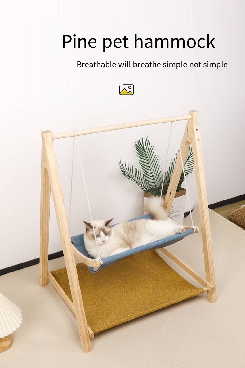 Wholesale High Quality Cat Puppy Bed Durable Soft Comfortable Canvas Wood Hanging Pet cat Bed Wooden Hammock Cat Swing