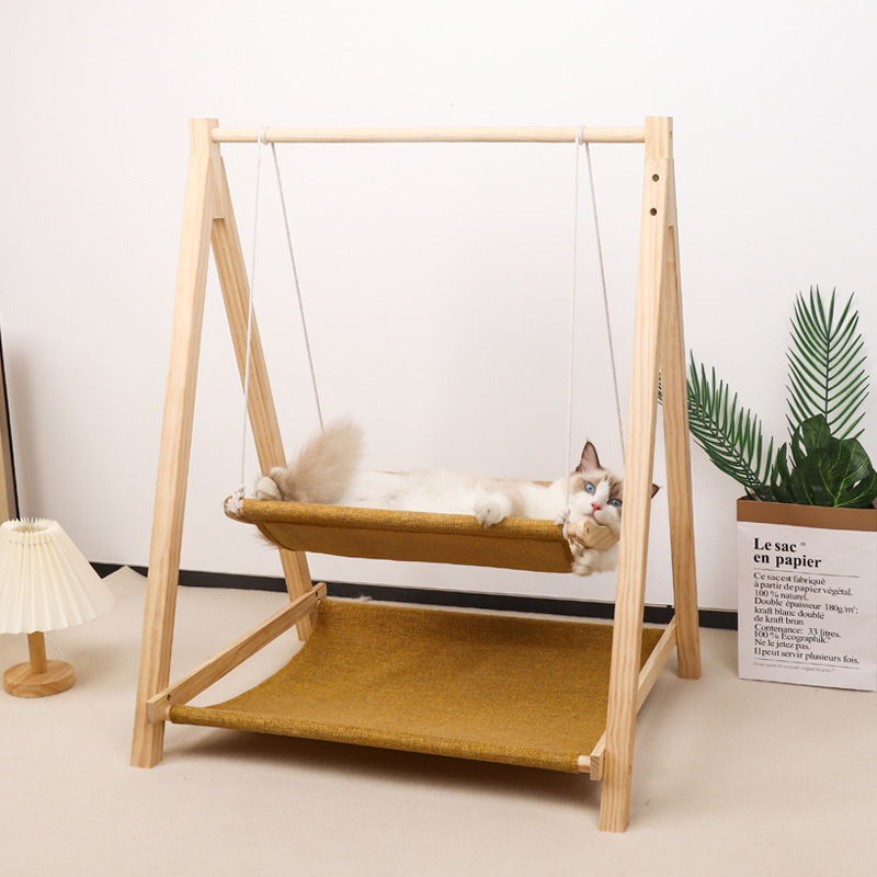 Wholesale High Quality Cat Puppy Bed Durable Soft Comfortable Canvas Wood Hanging Pet cat Bed Wooden Hammock Cat Swing