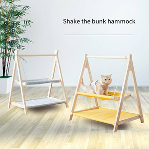 Wholesale High Quality Cat Puppy Bed Durable Soft Comfortable Canvas Wood Hanging Pet cat Bed Wooden Hammock Cat Swing