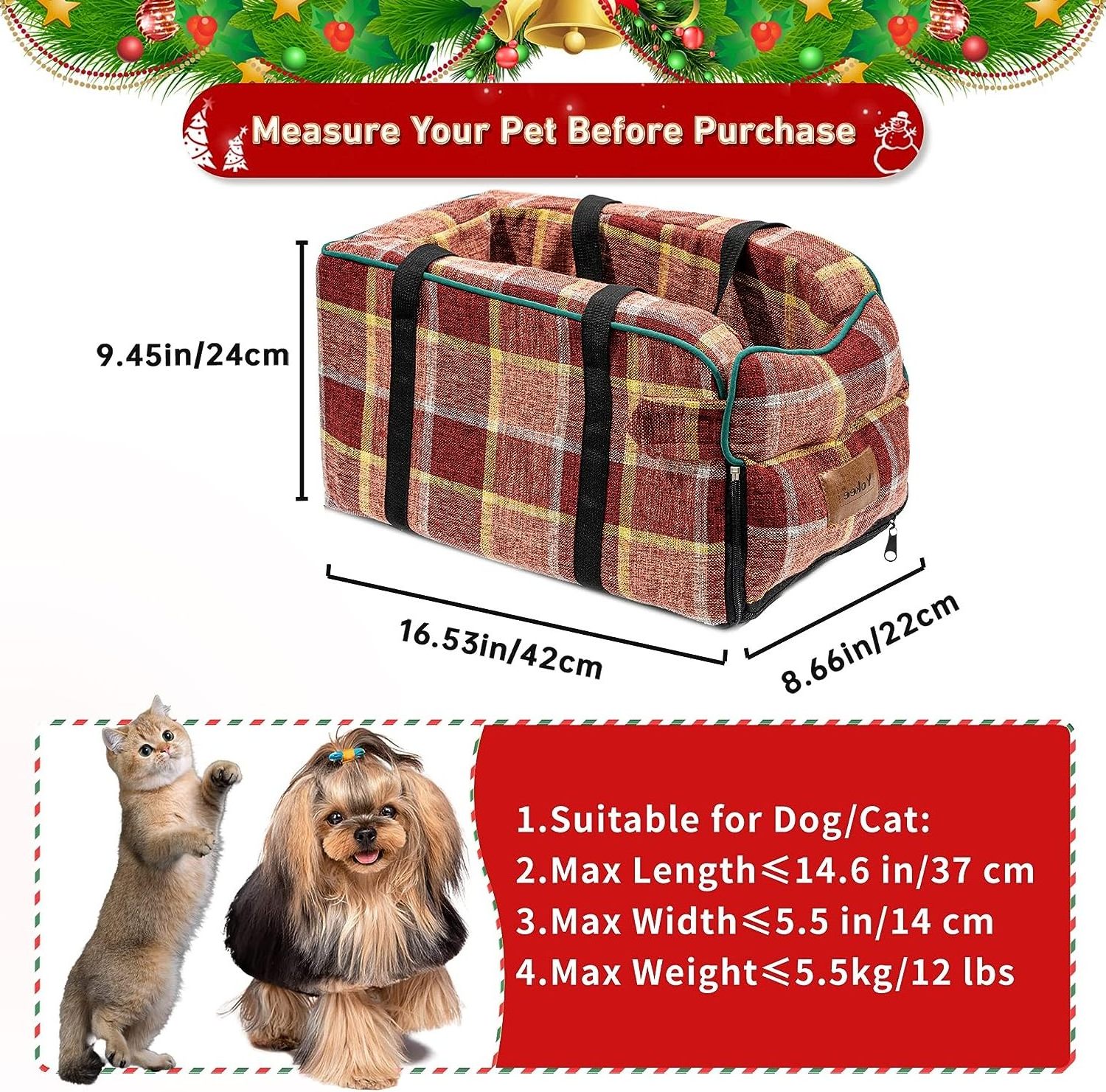 AMZ hot sell Dogs/Cats Booster Car Seat,Center Console Dog Seat with Straps,Christmas Pet small dog Car Seats for travel