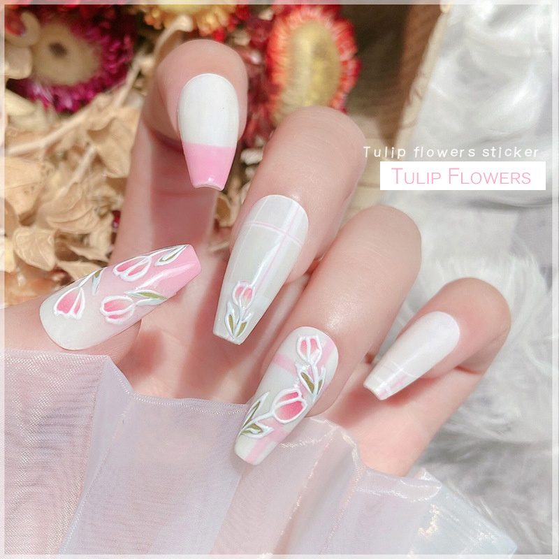 Tulip Pattern Manicure Stickers 3D Adhesive Spring and Summer New Small Fresh Pink Flower Decorative Nail Stickers