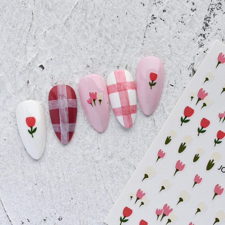 Tulip Pattern Manicure Stickers 3D Adhesive Spring and Summer New Small Fresh Pink Flower Decorative Nail Stickers