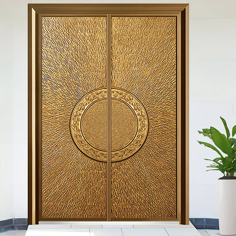 Golden Circular Ring Cast aluminum Metal Exterior Front Entry Double Doors for Villa OEM