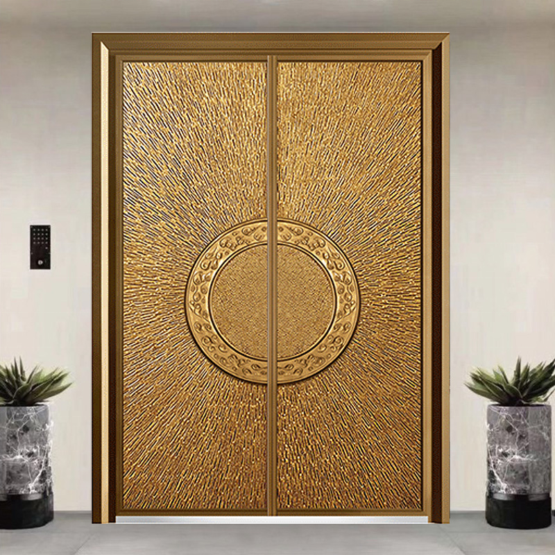 Golden Circular Ring Cast aluminum Metal Exterior Front Entry Double Doors for Villa OEM