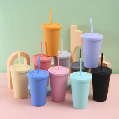 Bpa Free 500ml Double Wall Travel Cups Drinking Plastic Tumbler With Straw