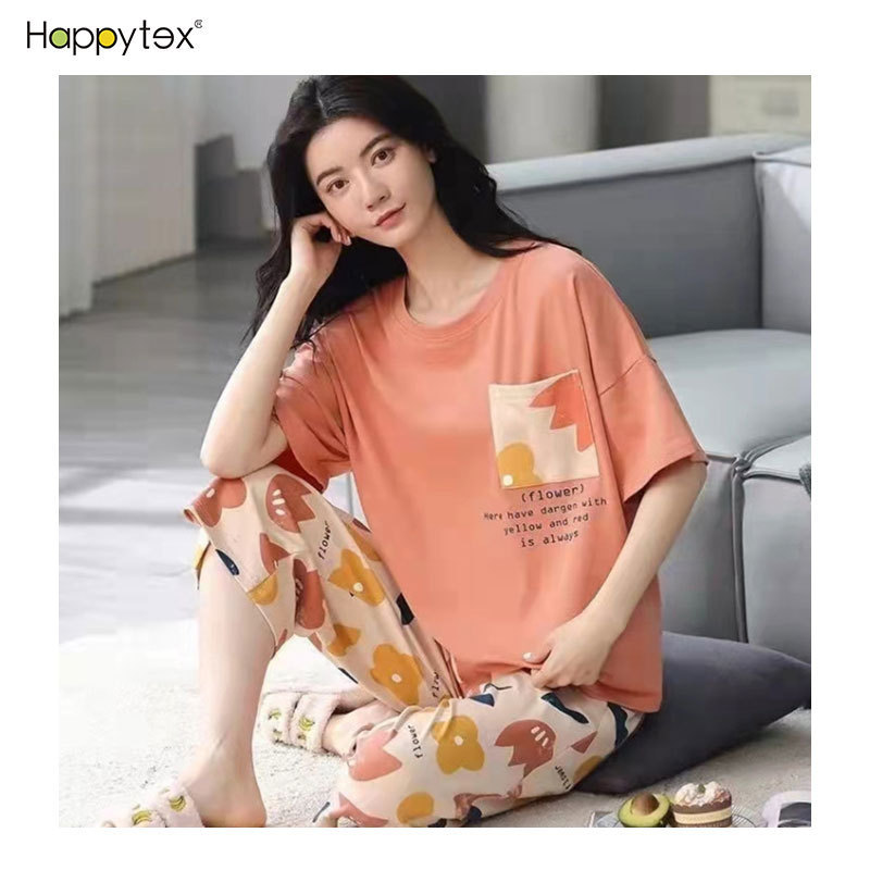 Hot Sale Super Soft Smooth Cute Printing Cartoon Short Sleeve Cropped Trousers Plus Size Women's Sleepwear With Cheap Price