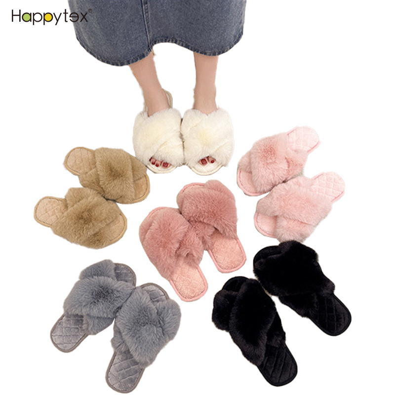 High Quality Hot Sale Real Fox Slippers Fluffyfaux Fur Slides Warm Cross Strap Sponge Bob Fluffy Slippers Outdoor House Shoes