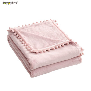 HOME Flannel Throw Blanket Soft Cozy Warm Blanket with Pompom Fringe for Couch Bed Sofa Chair