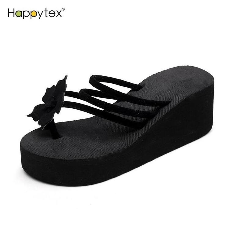 High Quality Summer Female Girls Slope Heel Thick Sole Anti Slip Quick Dry Floral Women's Flip Flops For Outdoor Beach Leisure