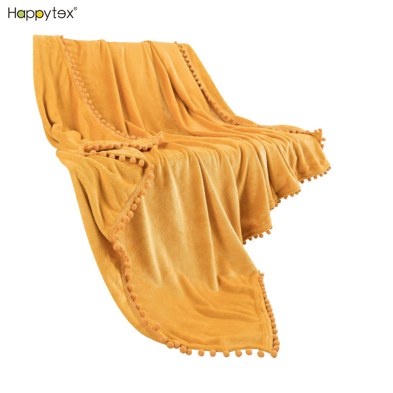 HOME Flannel Throw Blanket Soft Cozy Warm Blanket with Pompom Fringe for Couch Bed Sofa Chair