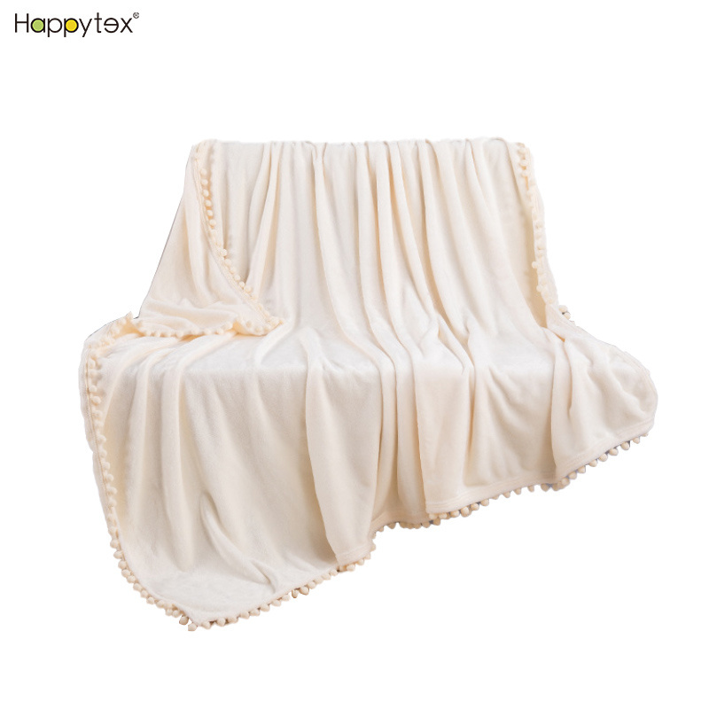 HOME Flannel Throw Blanket Soft Cozy Warm Blanket with Pompom Fringe for Couch Bed Sofa Chair