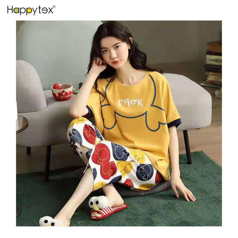 Hot Sale Super Soft Smooth Cute Printing Cartoon Short Sleeve Cropped Trousers Plus Size Women's Sleepwear With Cheap Price