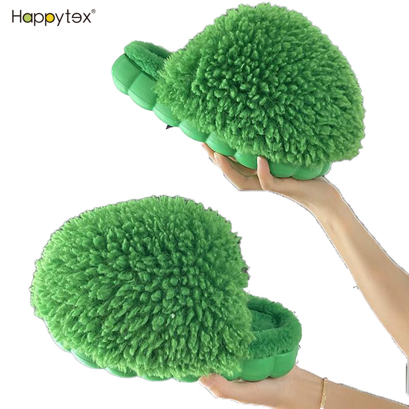 2022 Fashion Fluffy Closed Toe Big Green Fur Slides Designer Slippers Women Famous Brands Bed Slippers For Home House