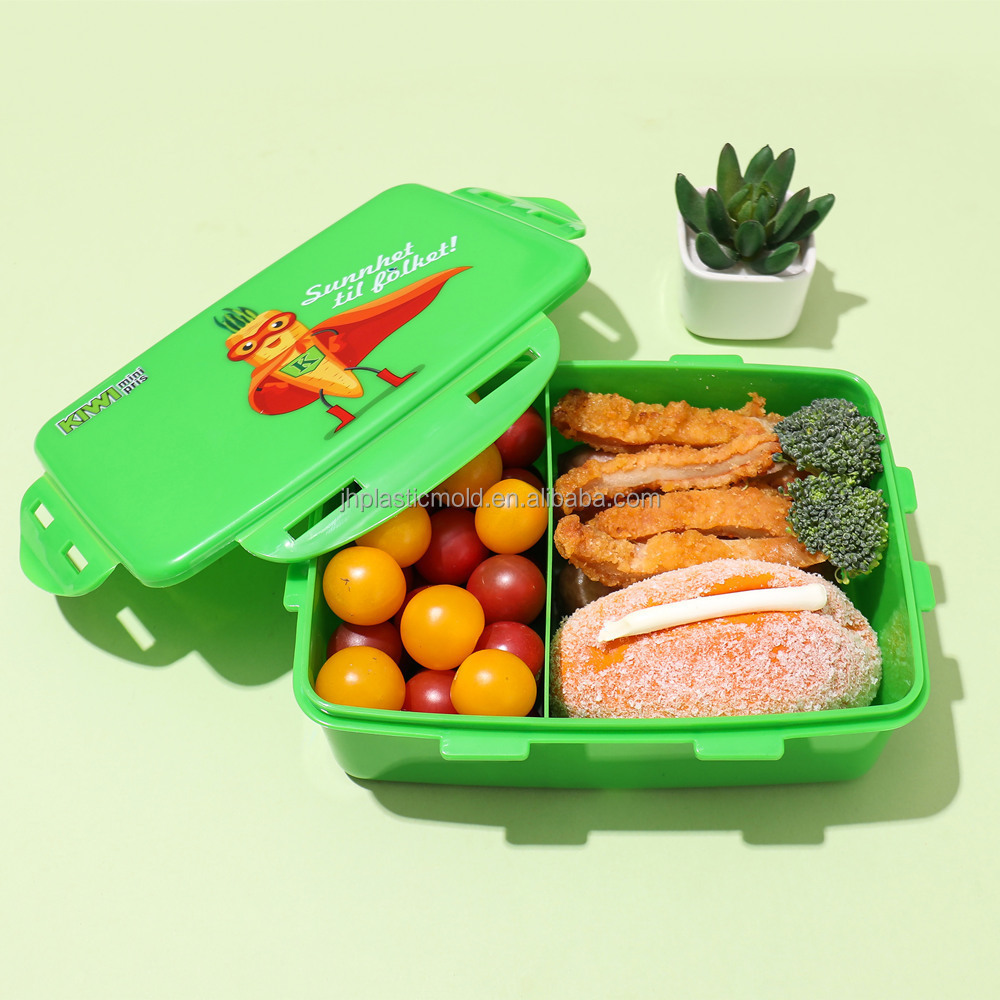 Custom print Leakproof Rectangle 2 divide Plastic lunch box with 4 side lock 1000ml