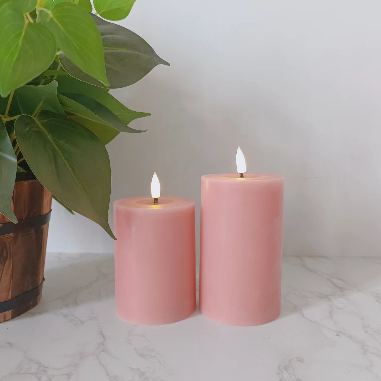 Set of 4 Flameless Flickering Pink Real Wax Column Remote Control Battery Operated LED Candles with Wax Oil Effect